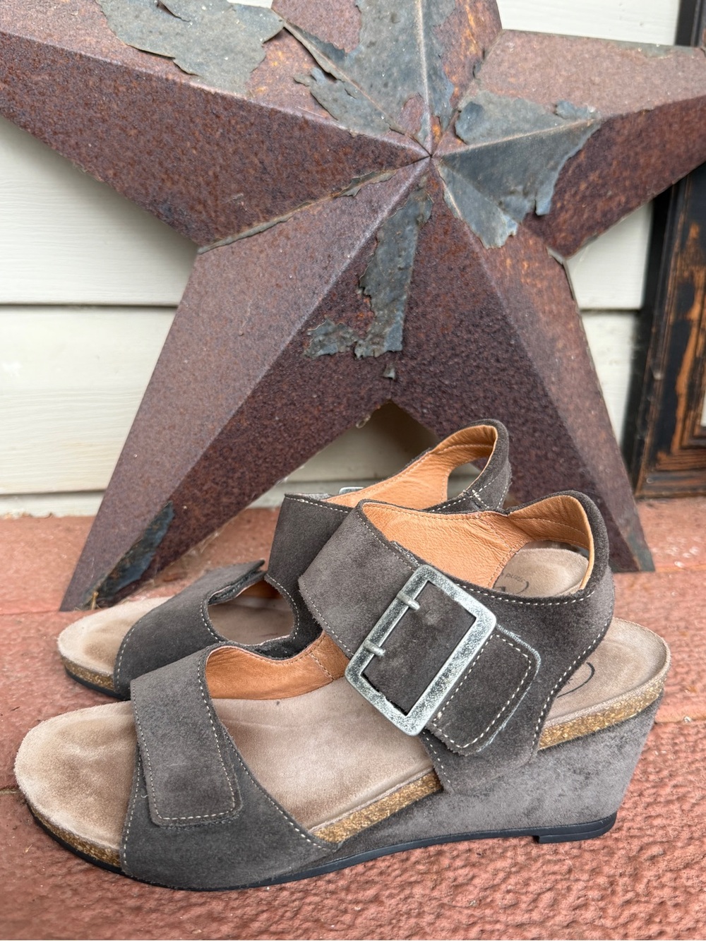 Comfort Wedge Suede Sandals in Taupe Size 7.5-8